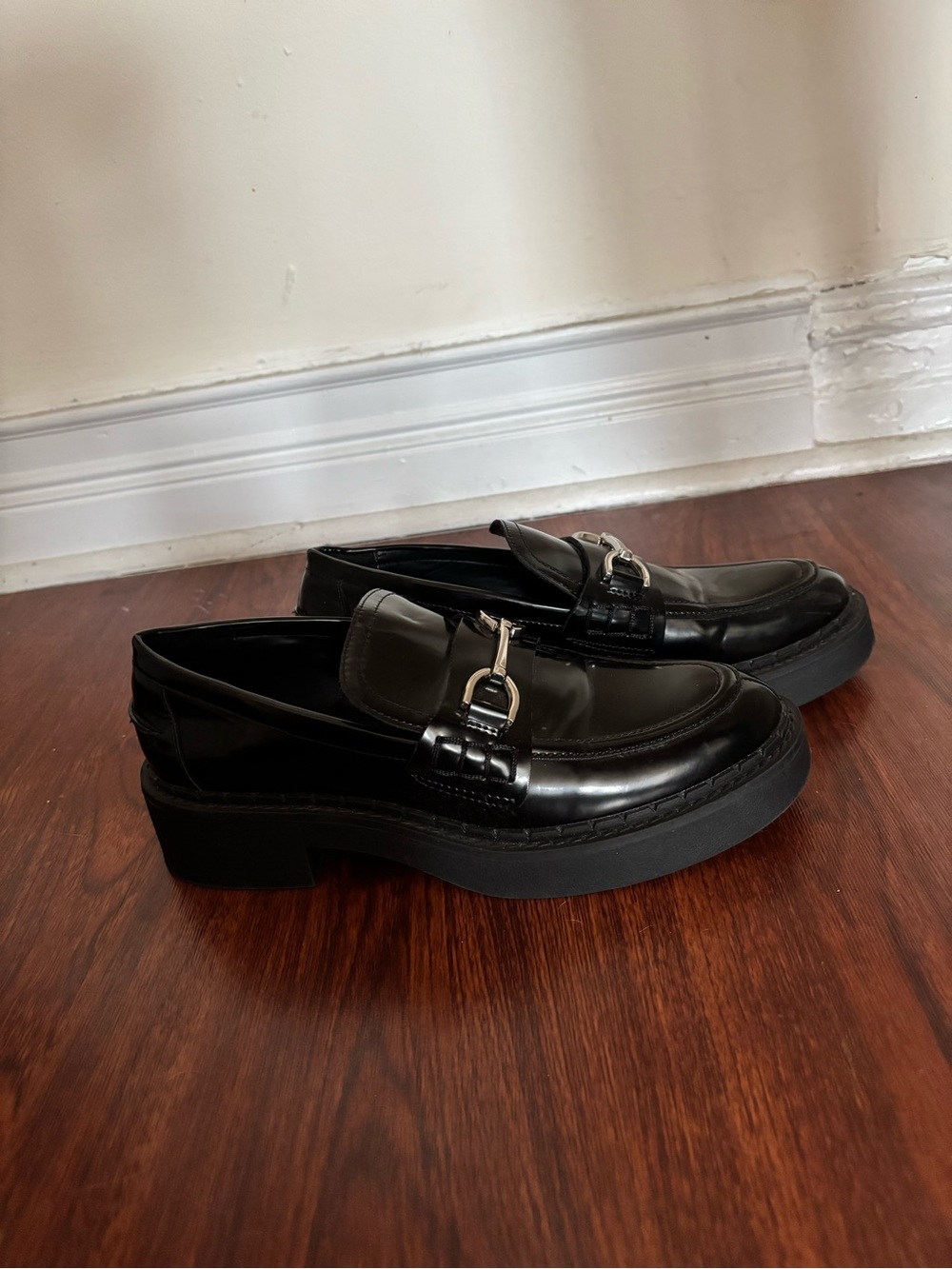 Zara Black Patent Leather Loafers with Silver Bit